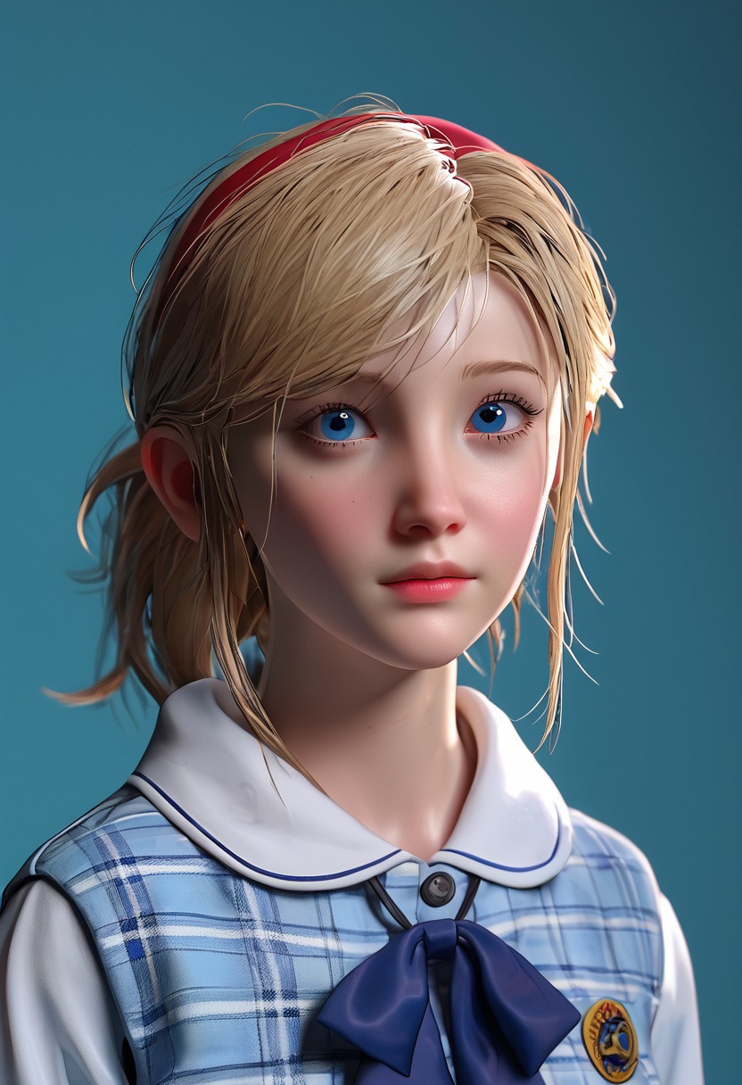 1girl, SherryBirkin, RE2, white short-sleeved blouse, dark blue skirt, long dark blue socks, white sneakers, light blue vest, blonde hair, medium hair, light blue eyes, blonde girl, hairstyle with a half ponytail, locks around the face, blue bow , red headband