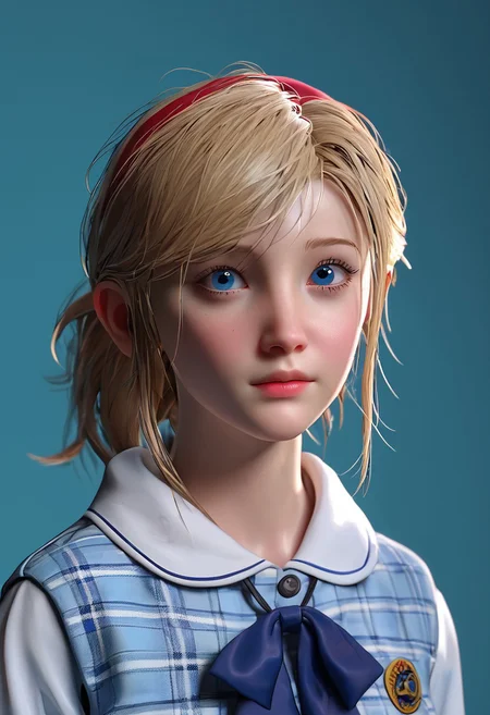 1girl, SherryBirkin, RE2, white short-sleeved blouse, dark blue skirt, long dark blue socks, white sneakers, light blue vest, blonde hair, medium hair, light blue eyes, blonde girl, hairstyle with a half ponytail, locks around the face, blue bow , red headband