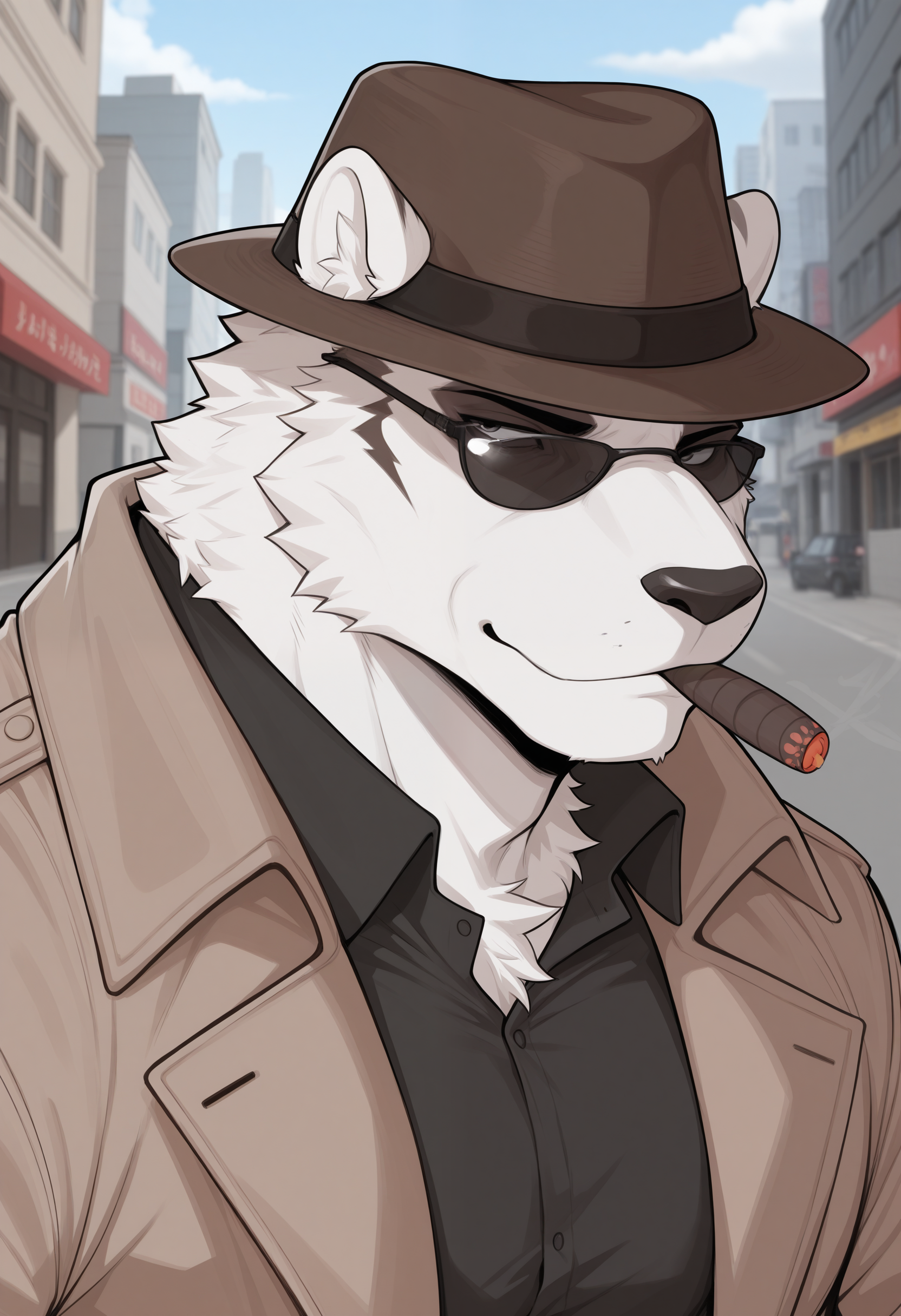 masterpiece,best quality,amazing quality, 1boy, solo, k1ng, furry male, brown fedora, cigar, black shirt, brown coat, city, sunglasses, close up, side angle, cool look,