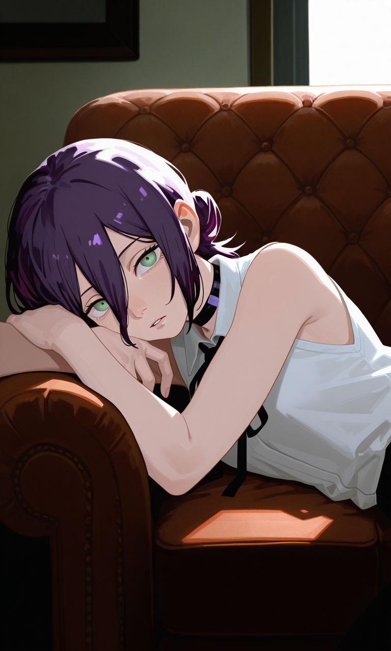 embedding:IllusP0s, sa1t, painterly, reze_\(chainsaw_man\), purple hair, green eyes, black choker, sleeveless, white shirt, black ribbon, contrast lighting, lying, couch, indoors, looking at viewer, parted lips, leaning, head on hand, on side,<lora:sait.safetensors:1.3:1.3>