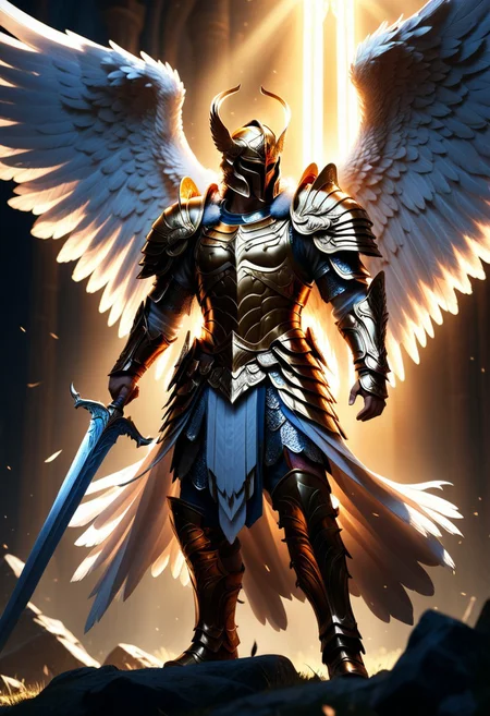 Archangel warrior, divine armor, holy sword, epic fantasy art, highly detailed, photorealistic, 8k resolution, cinematic lighting, dramatic shadows, intricate details, texture and depth, vibrant colors, epic battle scene, angel wings, heavenly glow, powerful stance, sword raised high, determined expression, epic background, fantasy landscape. Improved.