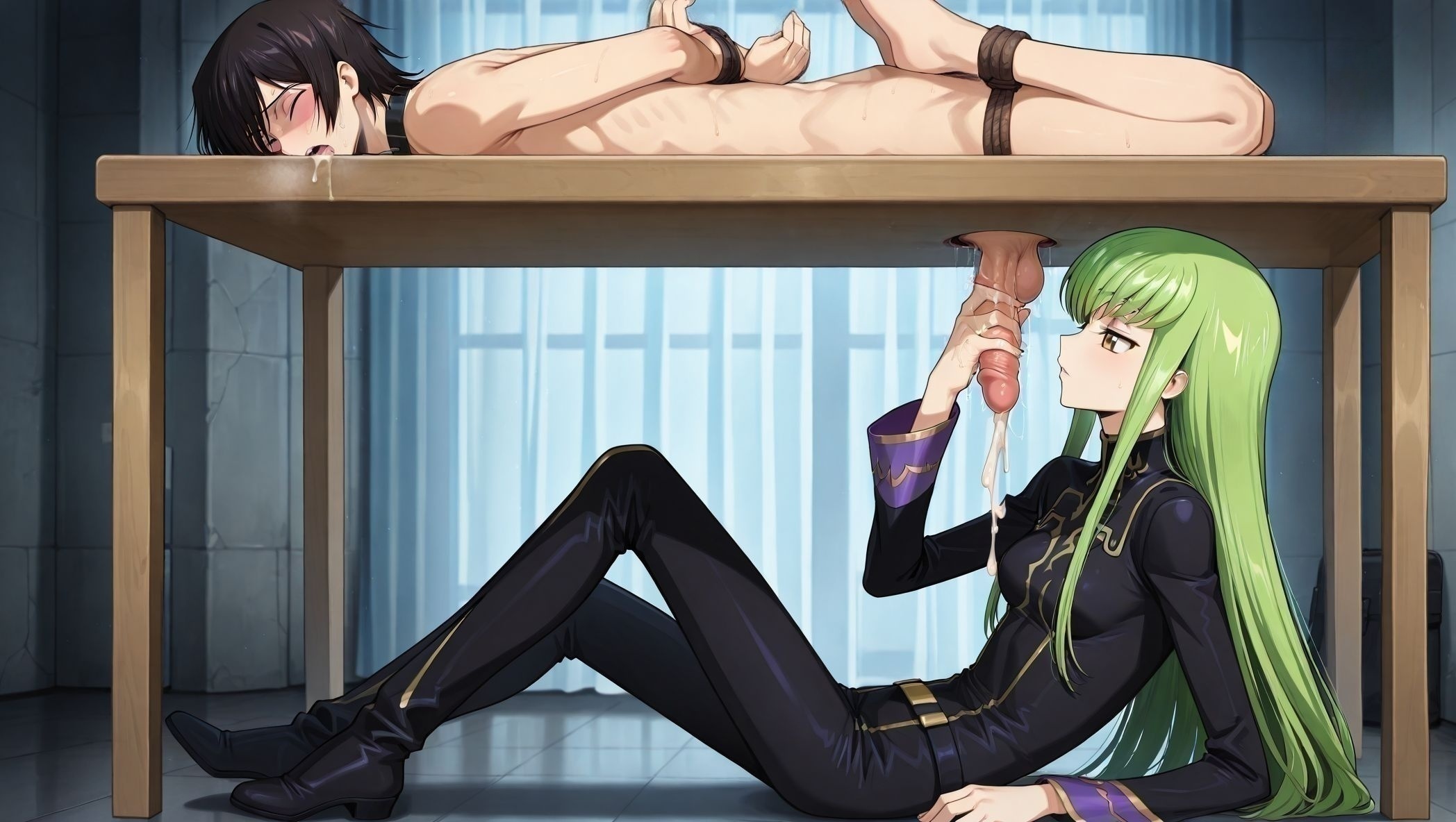 masterpiece, best quality, newest, absurdres, highres, detailed eyes, beautiful, detailed background, perfect eyes, anime coloring, anime screencap,
<lora:add-detail-xl:0.5>
<lora:Milking_Table:0.8> Milking_TableV1,
1gir ,hetero, 1boy,  glory hole, looking at penis,
large erect penis protruding from an overhead glory hole in the upper wall,
bondage male,femdom ,1boy,  male focus, cum, cumdrip, 
(hole under penis)  , from side,  sitting female, 
man lying on table with hole, woman under table milking him,  milking hand job,
handjob, (full body:1.8), 
c.c., green hair, 
Lelouch lelouch vi britannia,
faceless male, 
code geass, 20YO,milf,official art,