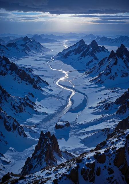 Aerial view, expansive frozen tundra at twilight with glistening ice fields, jagged mountain ridges, delicate frost patterns stretching to infinity. Surreal dramatic lighting, deep blues, icy purples, sunset gold accents, intricate textures of snow, glacial crevasses, frozen streams. Cinematic framing, dynamic spatial depth, high altitude perspective, atmospheric contrast. Ultra-detailed clarity, 8k resolution, masterpiece quality, sophisticated textures, sublime natural artistry, ethereal tranquility. <lora:Bruce Holwerda:0.2> <lora:artisketchyfs-v02:0.4> <lora:FluxMythG0thicL1nes:0.5> <lora:Sinfully_Stylish_1.0_Flux:0.8> <lora:flux.1_lora_flyway_Epic-detail_v2:0.6> <lora:flux_dev:1>