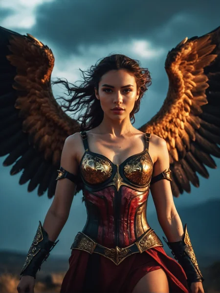 A dynamic cinematic photograph of Emma_Sucheon_P_MXAI_SDXL A cinematic epic fantasy film still showing a winged female heavenly angel in an intense battle with demons. The angel's attire is worn, torn, and blood-splattered from battles. The scene is fierce and chaotic, with blood and gore evident. The angel, with glowing wings and armor, wields a flaming sword, her expression determined and fierce. Around her, dark, grotesque demons with twisted forms and sharp claws are attacking. The background is a dark, stormy sky with flashes of lightning, enhancing the dramatic and intense atmosphere, SK_CINEMATIC, ziprealism, (((Ultra-HD-details, Ultra-HD-detailed, Ultra-HD-realistic, Ultra-HD-photo-same-realistic-quality-details)))