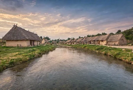 photograph,neolithic village near a river,  high quality photography, 4k, Canon EOS R3, hdr, smooth, sharp focus, high resolution, award winning photo,