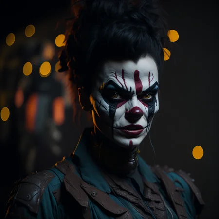close up of a scary brazilian female cyberpunk clown on a Circus background bycircus background, a character portrait, trending on deviantart, dark atmoshopere, riot entertainment realistic, techno, peter hurley, costume design, taken with hasselblad H6D 100c, the HCD 24mm lens, old master