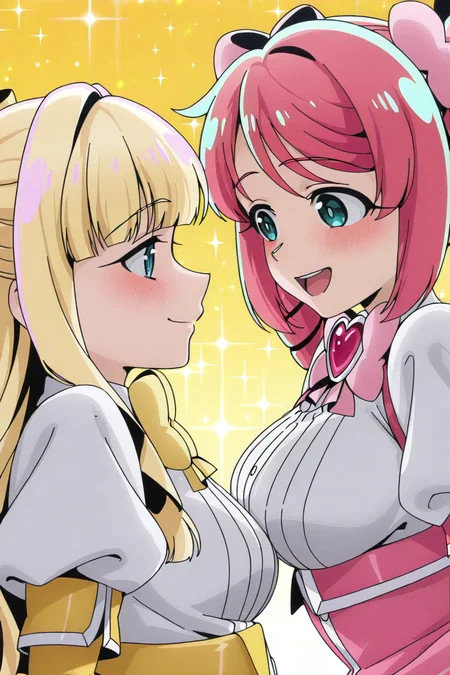 shiny skin, posing,
<lora:mahoako.il:1>,
mahoako,
(multiple girls:1.5), large breasts, 
magiamagenta, magiaazul, magiasulfur, 
dynamic angle, yuri, happy,
