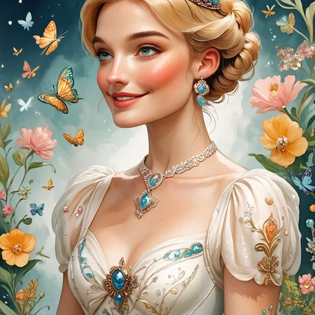 Score_9, score_8_up, score_7_up, score_6_up, BREAK <lora:Soft_Verdant_WatercolorPony:1> ArsMJStyle, Soft Verdant Watercolor, The image shows a woman wearing a white dress adorned with a necklace and a tiara surrounded by butterflies and flowers., 1girl, jewelry, bug, butterfly, solo, earrings, blonde hair, flower, dress, smile