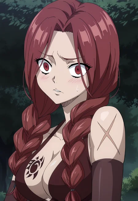 score_9, score_8_up, score_7_up, source_anime, 2d, Flare Corona, 1girl, dark red hair, long hair, twintails, red eyes, big breasts, breasts tattoo, hand scar, red dress, red gloves, anime coloring, anime screencap, detailed eyes, zPDXL, perfect faces, uncensored, rating_explicit, <lora:flare_corona_0:1>,
