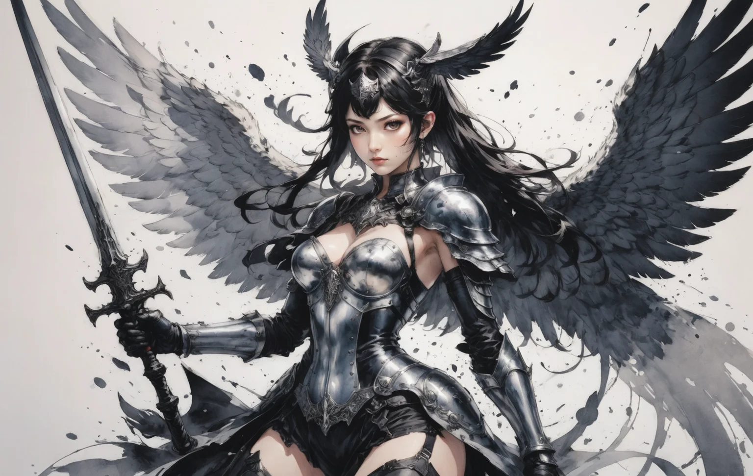 a winged Valkyrie wielding a weapon, splatter fashion, in the style of light and shadow, ink illustrations, by Yoji Shinkawa <lora:aesthetic_anime_v1s:1>