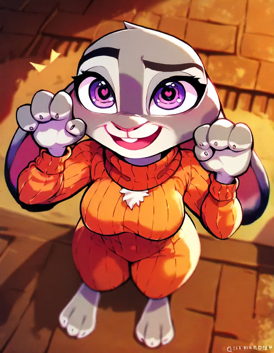 JudyHoppsXL, score_9, score_8_up, score_7_up, score_6_up, score_5_up, source_furry,solo, source furry, rabbit, judy hopps, happy expression, detailed eyes with pupil and white sclera, fully clothed, advanced shading, detailed fur texture, scut tail, breasts, chest tuft, paws, zootopia, paw pose, fully in view, grey fur, ,style by David Malkin,Top Cashmere turtleneck sweater in a deep burgundy.,Confused,birds-eye-view shot,In the Temporal Nexus traversing Ephemeral Realms,<lora:JudyHoppsXL-000017:1>