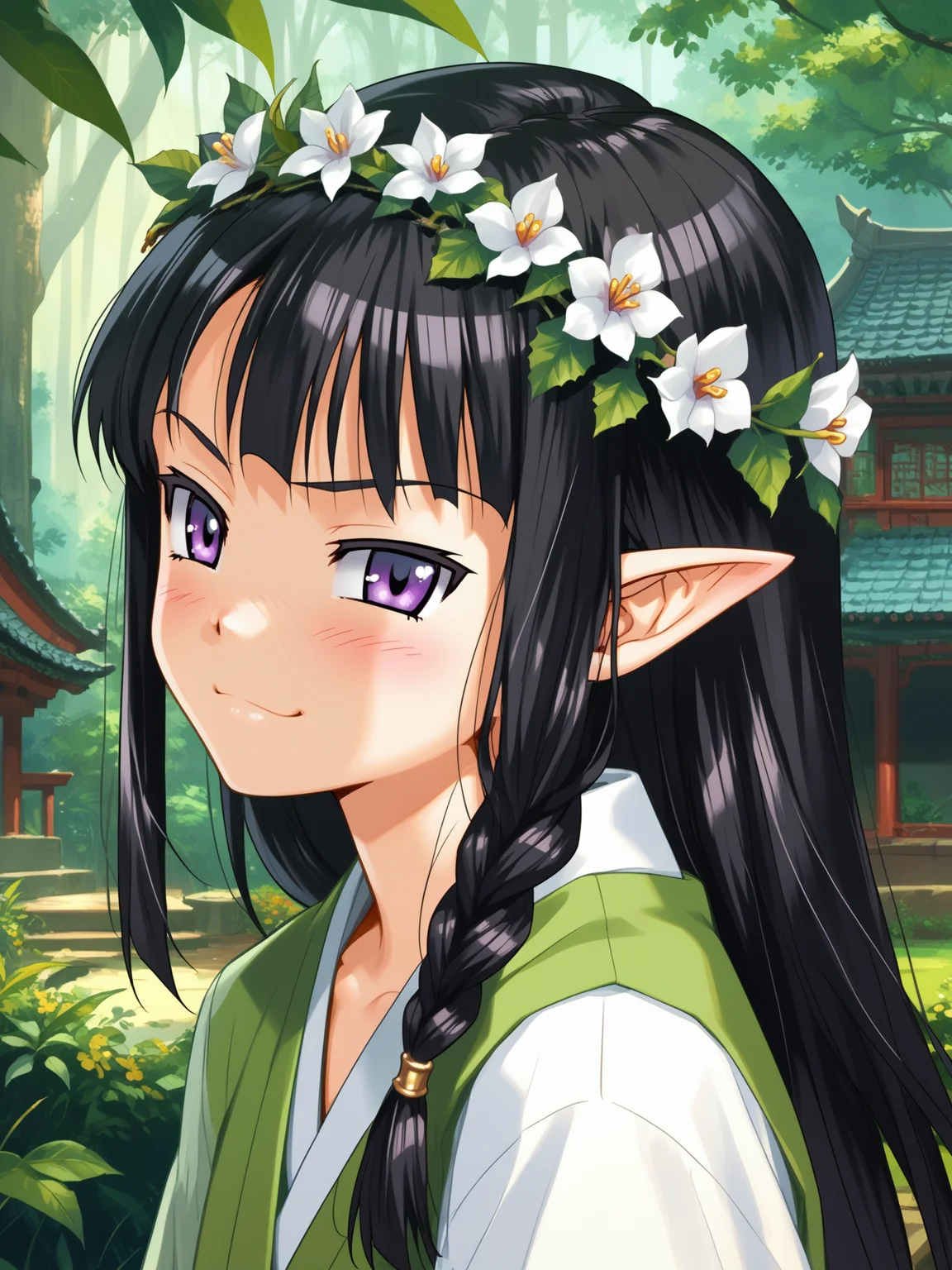 (upper body, solo focus:1.2) <lora:happy_tentacle-midori-v0.1-000040:0.8>, ht_midori, black hair (petite:1.2), <lora:Shed_The_Skin's StS_age_slider_v1_initial_release:-1.5> ( :1.1) ( , , (annoyed :1.2) , crazy smile , (looking at another:1.2) :1.2) , outdoors, vegetation, ( :1.1), , (dawn :0.6), , (:0.5), , (chinese architecture :0.9), (forest:1.2), building, elf, pointy ears, braid, head wreath, flower ornament (( from side :1.2) :0.8) score_9, score_8_up, score_7_up, score_6_up, score_5_up, score_4_up, ( [(realistic, photorealistic:1.3):(realistic:1.2):16] [(3d:1.2)::14] :1) <lora:LUUNA's Lunas-NijiJourney-SDXL-B2:0.35>, nijijourney <lora:prgfrg23's Counterfeit-V3.0 Style SDXL_LoRA_Pony Diffusion V6 XL:0.5> <lora:mfcg's mfcgXL:0.12> <lora:reweik's gyokai(himehajime)_PonyXL_style_v01:0.14>