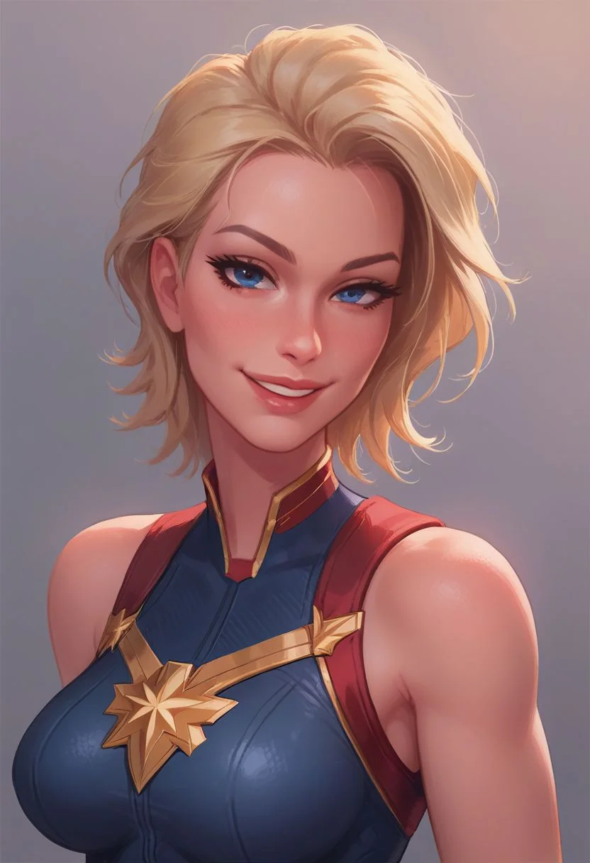 score_9, score_8_up, score_7_up, score_6_up, captain marvel, turning to face viewer, head tilt, 1 girl, seductive smile, looking at viewer, sexy revealing outfit, kinky, adorable, petite, side view, looking at viewer, round face, 18 years old, cutest girl in the world