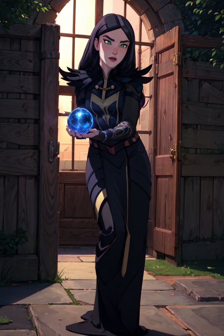 (Claudia), black dress, long hair, green eyes, purple magic, casting a spell, orb, (realistic:1.2), (masterpiece:1.2), (full-body-shot:1),(Cowboy-shot:1.2), dark romantic lighting, (highly detailed:1.2), (detailed face:1.2), (gradients), colorful, detailed eyes, (natural lighting:1.2), solo, <lora:add_detail:0.3> <lora:DragonPrinceClaudia-10:0.8> <lora:BeautifulEyes:0.3>
