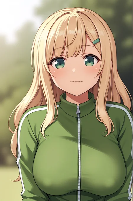 anime artwork, score_9, score_8_up, score_7_up, score_6_up, score_5_up, score_4_up, source_anime, BREAK, thick outline, fat outline,
Yomi_XL, green eyes, blonde hair, long hair, green hairclip, large breasts, BREAK, Yomi_Casual, green track suit, green track jacket, BREAK, outdoors, (upper body:1.4), wavy mouth, closeup,
<lora:Yomi_XL:0.7>
<lora:PersonalAmi_PonyXL:1.0>