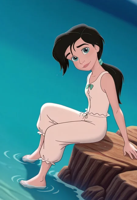 (screencap, official style:1.2), blurry background,
1girl, small breasts, (MelodyXL:1.1), black hair, blue eyes, ponytail, makeup, sleeveless, shirt, pants, white pajamas, barefoot, feet, light smile, dutch angle, sitting on water, rocks, from side, from above, wet, head tilt, cute pose, looking at viewer, outdoors, sea, dynamic pose, cowboy shot, warm light, daylight,
<lora:Melody_character-12:1>