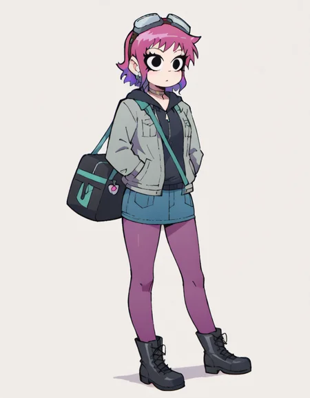 score_9, score_8_up, flat color, 2D, 1girl, white background, simple background, flat background, ramona flowers, black eyes, jacket, hoodie, hood, goggles on hood, jean skirt, purple pantyhose, black boots, bag <lora:RamonaSDXL:1>