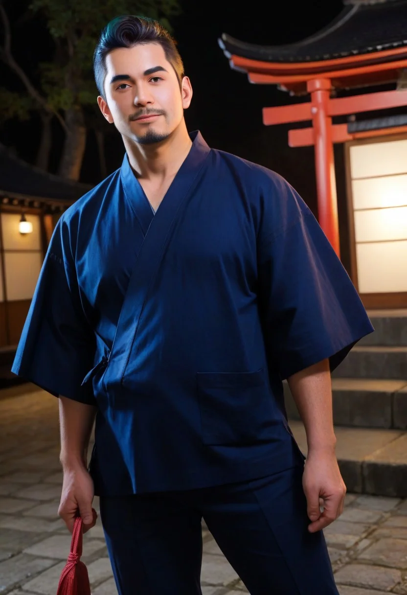score_9, score_8_up, score_7_up, score_6_up, (indigo jinbei, hannekenjinbei, japanese clothing:1.4), outdoor, night, summer festival, summer night, nighttime, shinto shrine, sakura tree, feet out of frame, perfect anatomy, perfect proportions, best quality, masterpiece, high_resolution, high quality, aesthetic, absurdres, male focus, solo male, asian man, very short hair, buzz cut, high fade, ((black hair)), black eyes, facial hair, stubble, yarn knitting on sleeves, wide sleeves, short sleeves, side-knot closure clothing, (indigo jinbei half pants), adult, mature, masculine, manly, handsome, charming, alluring, standing, upper body, dutch angle, cowboy shot,