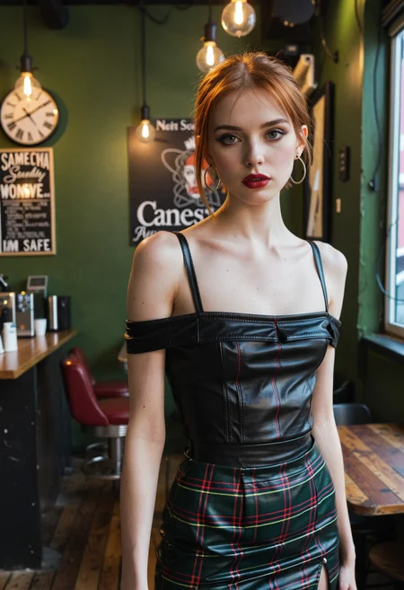 Avant-garde hip-level photography featuring young thin slovenian woman, 21yo, with stunning light green eyes and downturned lips seen in a hands on hips pose. She has short auburn hair and crimson e-girl makeup and stylish lipgloss, wearing off shoulder leather camisole with wide slit on the back with a plaid high waist skirt in a vertical stripes design accompanied by dangle earrings. Set in a cafe with hipster themed interior design, decorations and lights, on a dark clear midnight in summer. With hard backlighting, film grain, intricate details   <lora:dmd2_sdxl_4step_lora> <lora:xl_0-1_SkinnyHelperXL>