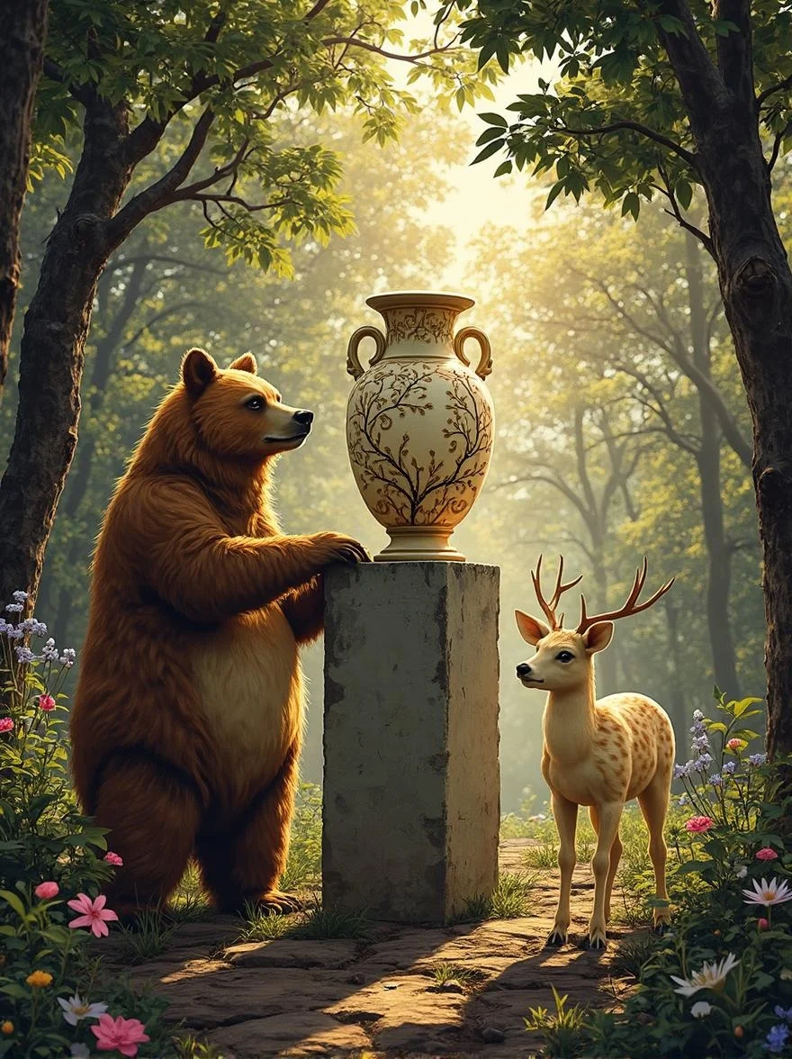 <lora:flux-stickerbombed.safetensors:1> a graffittistickerbombed illustration,
In the dim light of a sunlit forest dawn, a scene of ethereal beauty unfolds. An adult anthropomorphic bear, with a rich, ruddy-brown fur coat and deep, expressive eyes, stands majestically beside an elegant anthropomorphic deer, her coat a delicate shade of cream, adorned with delicate, golden-brown spots. Both figures are framed by a forest of dense, mist-blurred trees, their leaves a blend of muted earth tones, from deep greens to soft browns, enhancing the sense of depth and tranquility.
At the center of this composition, a highly ornate, ancient vase stands tall, its surface etched with intricate patterns of vines and flowers, a testament to the skilled hands of long-forgotten artisans. This ornate vase contrasts sharply with the smooth, simplistic stone pedestal on which it rests, the stone's surface polished to a silky smoothness, catching the gentle morning light.
The forest floor is carpeted with blooming wildflowers, their petals a palette of soft pastel colors—pinks, lavenders, and soft yellows—adding subtle, vibrant accents to the scene. The light filtering through the trees casts a warm, diffused glow, creating a cozy, handcrafted feel. Soft shadows and gentle highlights play across the terrain, emphasizing the textures of the vase and the smooth stone pedestal.
The overall atmosphere is serene and whimsical, a blend of modern precision and artisanal inspiration, evoking a sense of focused refinement and harmonious beauty.