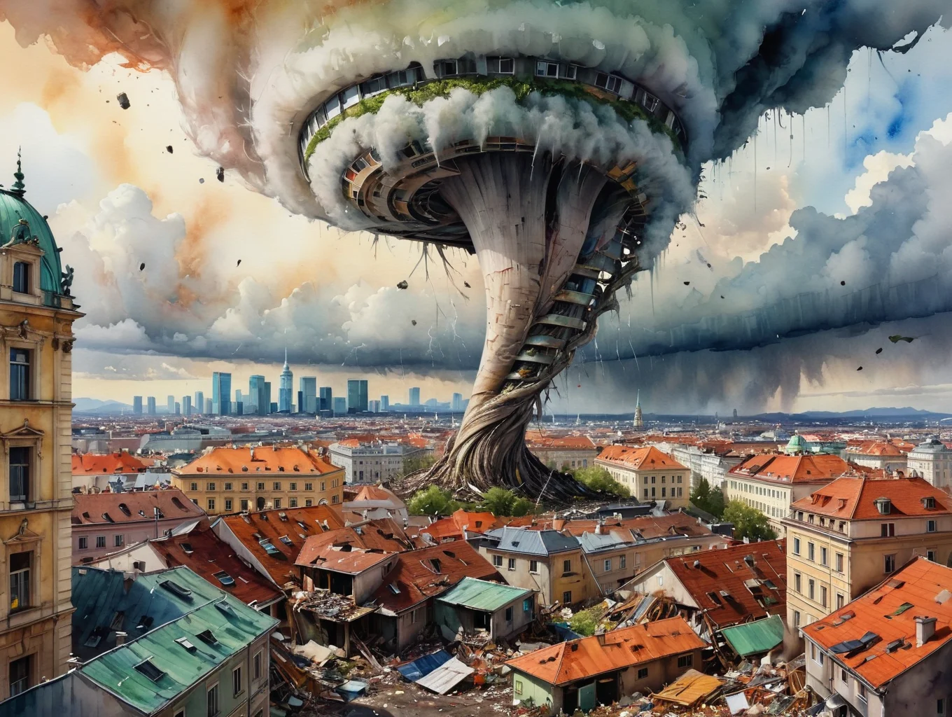 powerful tornado made out of crap and rubbish overhelming Vienna city skyline, watercolor art by Marc Simonetti and Anton Fadev, photorealism, beautiful art, uncanny feeling, waste and scrap, post apocalyptic feeling, maximalism, hyperdetailed, impressive masterwork by head of prompt engineering <lora:hyperkraximalism:0.54>