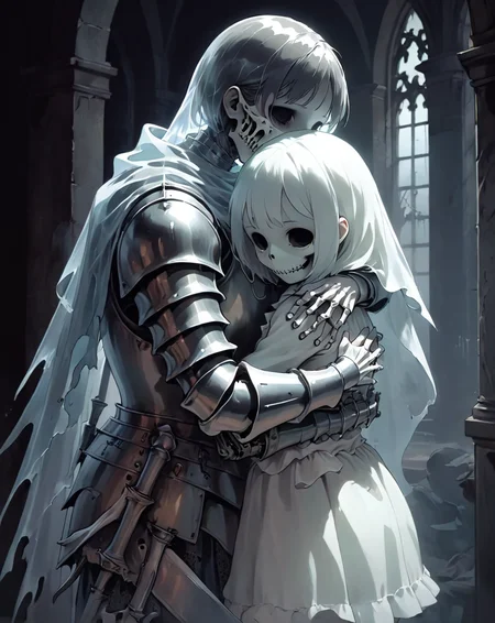 1girl, ghost, visible bones, transparent, horror, hugging a knight