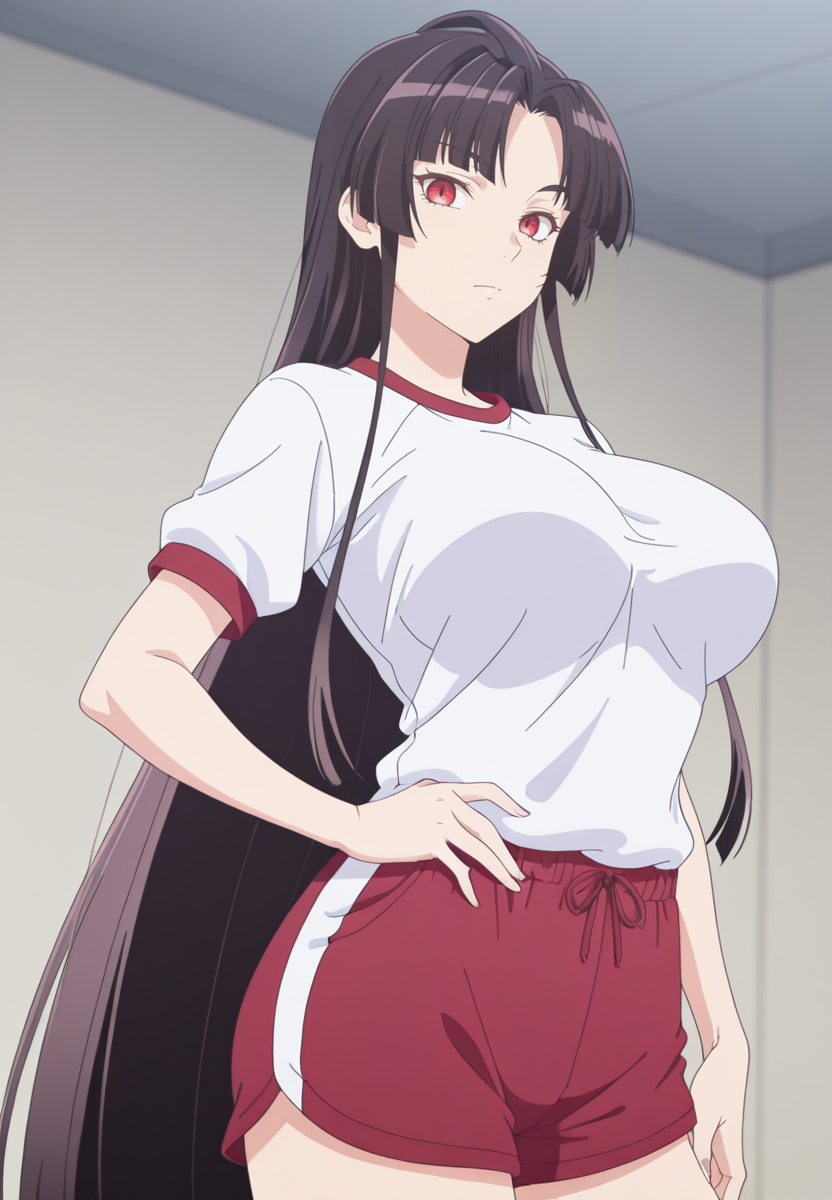 zPDXL3, score_9_up, score_8_up, score_7_up, ,Masterpiece,(perfect female body:1.2), small waist, (incredibly detailed:1.4), beautiful fingers, (large breasts:1.2) big breasts,  looking at viewer <lora:Wridra_-_Nihon_e_Youkoso_Elf-san-Kaleid_Illustrious:1> wridra_nye, 1girl, long hair, red eyes, black hair, gym shorts, gym shirt,