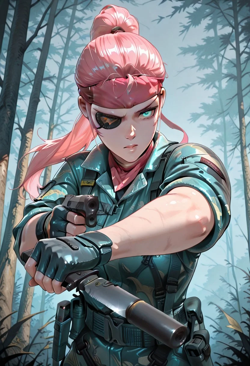 1girl, Long Yuyin, pink hair, long hair, ponytail, turquoise eyes, eyepatch, turquoise camo suit, bandana, fingerless gloves, pistol x tac knife, holding gun, suppressor, holding pistol and knife, upper body, jngl3, outdoors, nature, masterpiece, best quality, amazing quality,