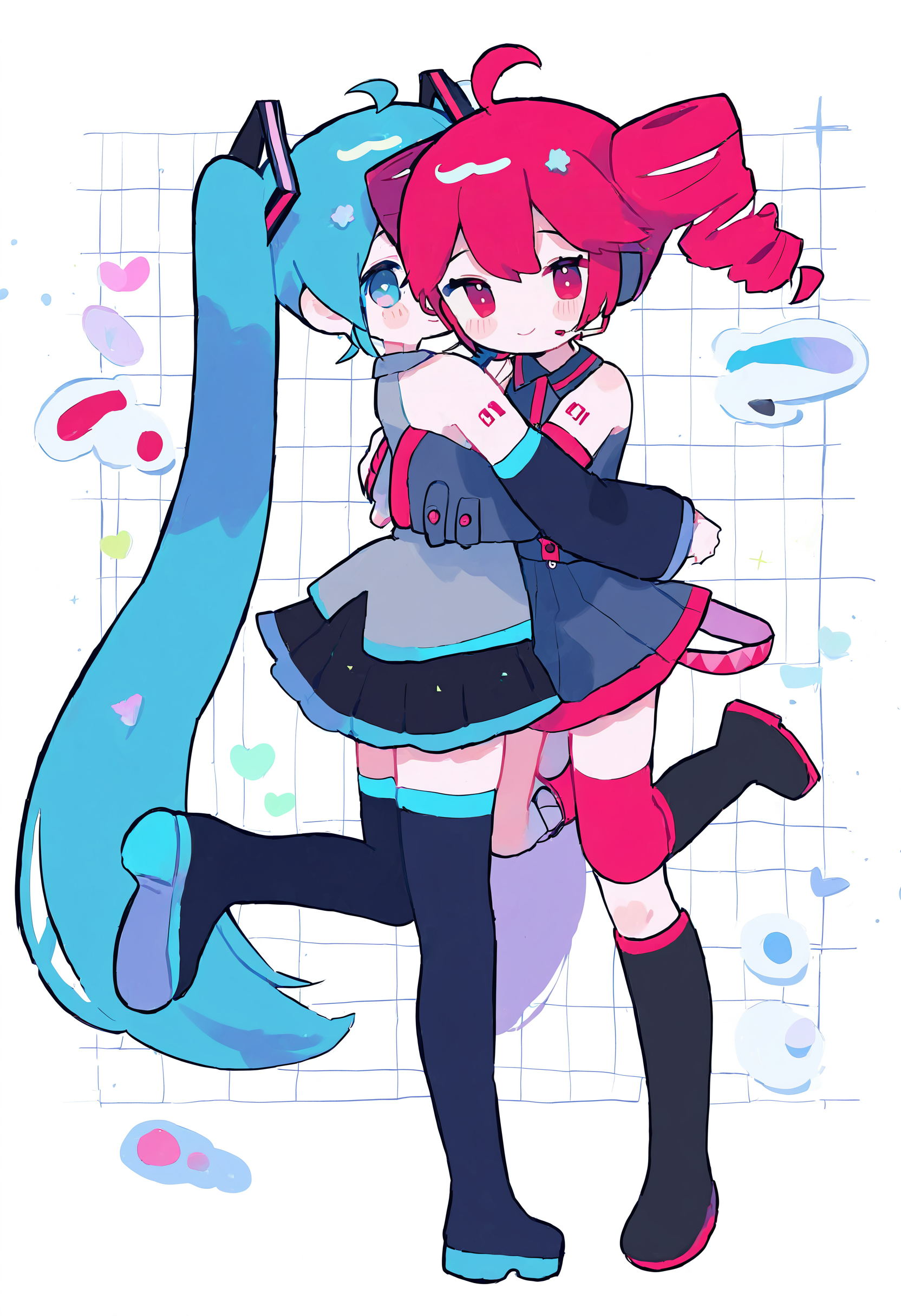 2girls,
cotono \(nazekun\),
hatsune miku,vocaloid,
kasane teto,vocaloid,
hugging_from_behind,smile,one_leg_up,looking back,
masterpiece,year 2024,newest,highres,absurdres,