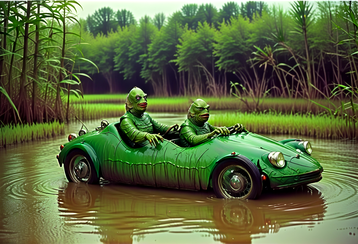 Cult Films (Gill_man:1.15) driving a hhc,(charming light:1.15),in a swamp,Retro Look,,, Cult Films, often for cult following, quirky details, or underground cinema.