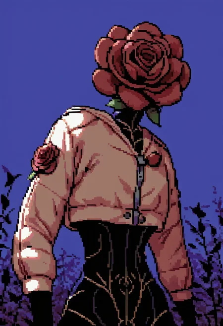 score_9, score_8_up, score_7_up, score_6_up, dramatic light , dramatic angle , high definition , solo , night , shadow , rose head , faceless , bodysuit , black pants , crop top , cropped jacket , floating rose
aesthetic , 2d , pixel ,
<lora:add-detail-xl:-1>
h3ad,object_head