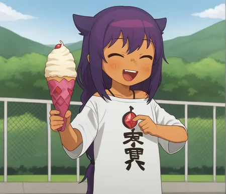 1girl, white shirt, <lora:Jahy:.8>, purple hair, solo, tan skin, red jewel, happy, outdoors, holding icecream, <lora:PossumMachine_XL_Pony:1> possummachine,
