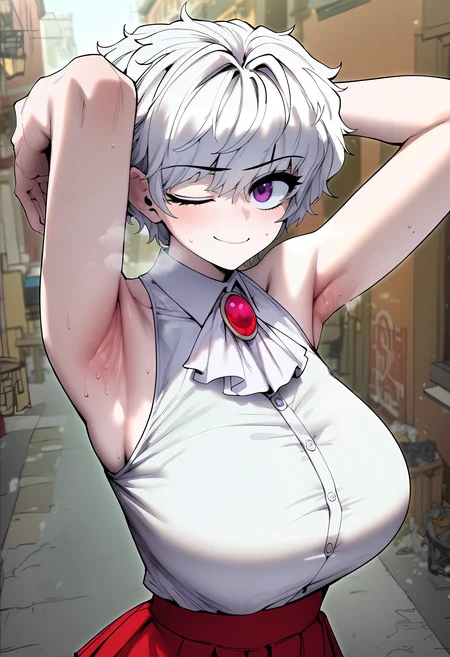score_9, score_8_up, score_7_up, score_6_up, source_anime, rating_explicit, 1girl, (solo:1.2), huge breasts, <lora:Ryuseiponyxl:1> white hair, short hair, purple eyes, one eye closed, white ascot, brooch, white shirt, sleeveless shirt, collared shirt, red skirt, pleated skirt, miniskirt, smile, Narrow shoulders, heavy breathing, steaming body, village, alley, outdoors, looking at viewer, (close-up:1.1), arms behind head, armpits