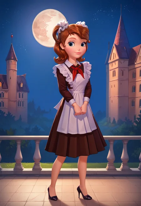 score_9, score_8_up, score_7_up, masterpiece, best quality,high quality, 8k, HD, sofia_the_first, blue eyes, brown hair,1girl, solo, large breasts, huge cleavage,background near castle, night, night sky, full moon,  soviet school uniform,frilled apron, frilled hair scrunchie, red neckerchief sexy pose, provocative, seducative face,high heels,