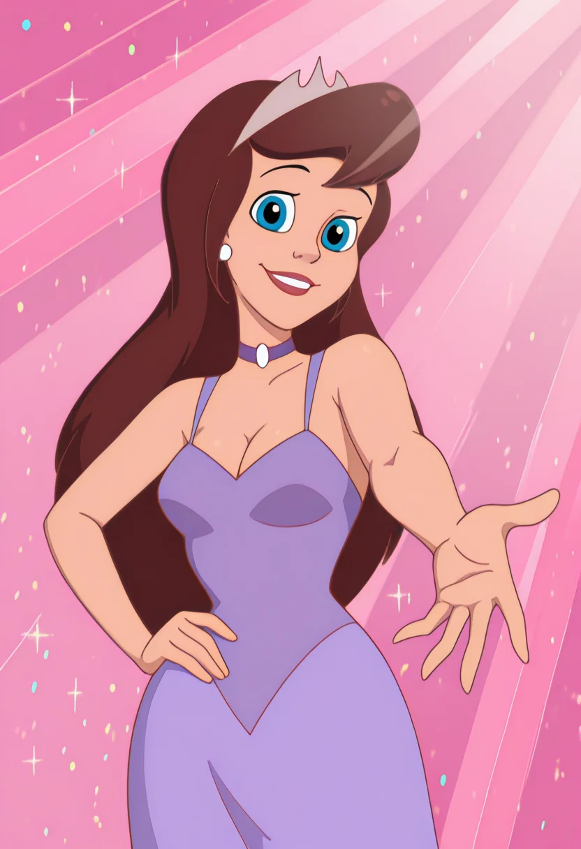 masterpiece, best quality, amazing quality, c14r4p, 1girl, brown hair, tiara, white earrings, purple choker, purple dress, outstretched arm, hand on hip, looking at viewer, smile, cowboy shot, pink background, (colorful sparkles background, light rays:0.9),