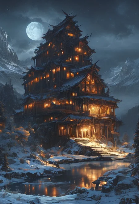 A captivating night scene illustration featuring a grand WOODEN norse long house standing tall on a large snowy hill overlooking a lake. The beautiful long house adorned with some windows, emits a warm glow, highlighting its incredible craftsmanship. The snowy hill is covered in great pine trees, reflecting on the calm, moonlit snow that mirrors the silvery moonlight. The full moon graces the sky, casting an ethereal glow on the clouds and mountain, while wispy clouds partially obscure its brilliance, adding to the scene's mystique. Twinkling stars dot the sky, creating a celestial tapestry that harmonizes with the moon's radiance. This enchanting artwork captures a serene and peaceful night, where the illuminated WOODEN Norse longhouse stands resolute amidst the celestial beauty, creating a cinematic experience., illustration, cinematic
<lora:DonM3t3rn1tyXL-v1.1:0.7>, DonM3t3rn1tyXL,
OverallDetailXL <lora:MJ52:0.3> <lora:SDXLFaeTastic2400:0.4> <lora:EpicF4nta5yXL:0.7>