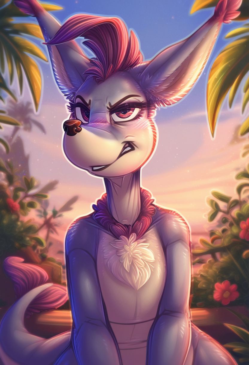 zPDXL, score_9,score_8_up,score_7_up,_up,source_cartoon, best quality, amazing quality, masterpiece, 1girl, looking at viewer, solo, fullbody, blush, sour kangaroo, <lora:SourKangaroo:0.8>, kangaroo, female kangaroo , animal ears, big hips, arms folded on chest, long tail, sky, flowers, palm tree, leaf, angry, seductive,  evening, savannah, dimwitdog, <lora:dimwitdog:1.2>