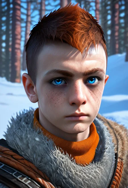 1boy, male focus, solo focus, Atreus, grey fur tunic, ginger hair, pale blue eyes, undercut, brown fur boots, snowy forest,