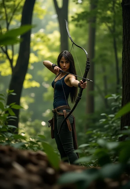 tilt-shift photo. jordana practicing archery in a dense forest, her bow drawn, focused expression on her face, She stands in a confident, almost predatory stance. She has a slender build, and a small bust, which contrasts with her muscular arms and legs, suggesting she is physically fit. Her hair is styled in a sleek, modern fashion. holding a compound bow. sunlight filtering through the trees creating dappled light on the forest floor, leaves rustling in the breeze, dynamic and naturalistic style. <lora:Hand v2:1> . Selective focus, miniature effect, blurred background, highly detailed, vibrant, perspective control, <lora:jordanabv2:1>