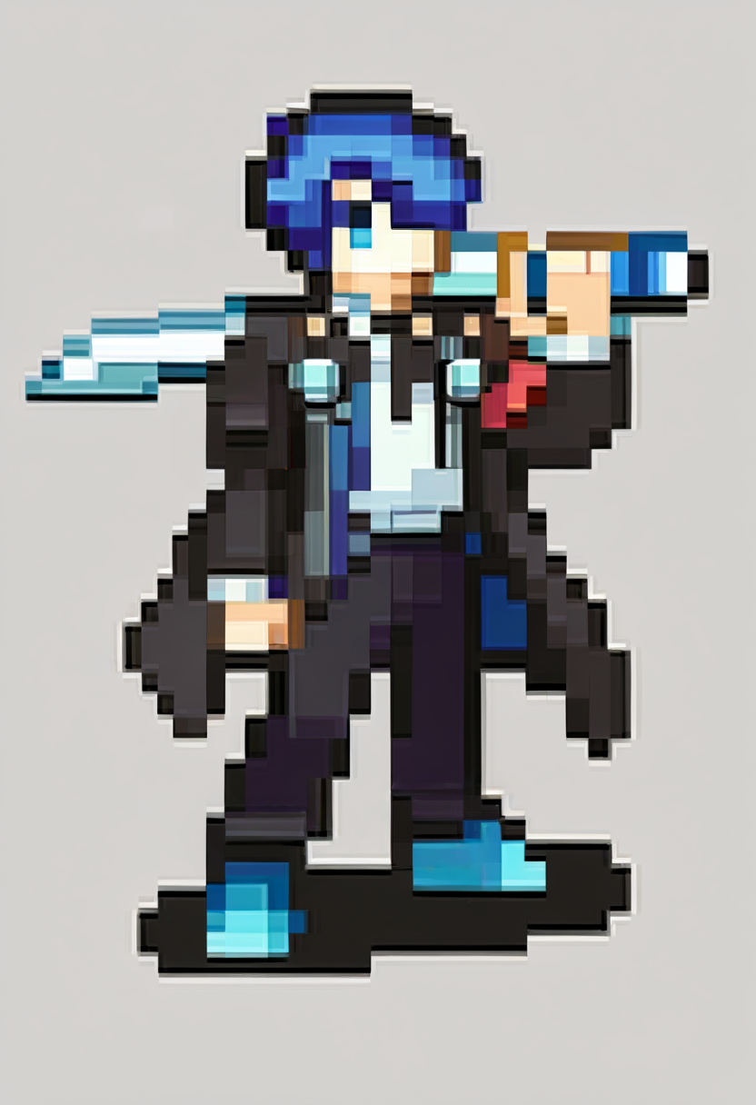 score_9, score_8_up, score_7_up, source_anime, BREAK, solo, 1boy, full body, standing,  <lora:FEGBA-SpritesV2-pdxl_Fp:1>, simple background, pixel art, <lora:MakotoP3-pdxl_Fp:0.8>, makotop3, school uniform, gekkoukan high school uniform, headphones, blue hair, blue eyes, short hair, black jacket, black pants, hair over one eye, holding sword, armband,