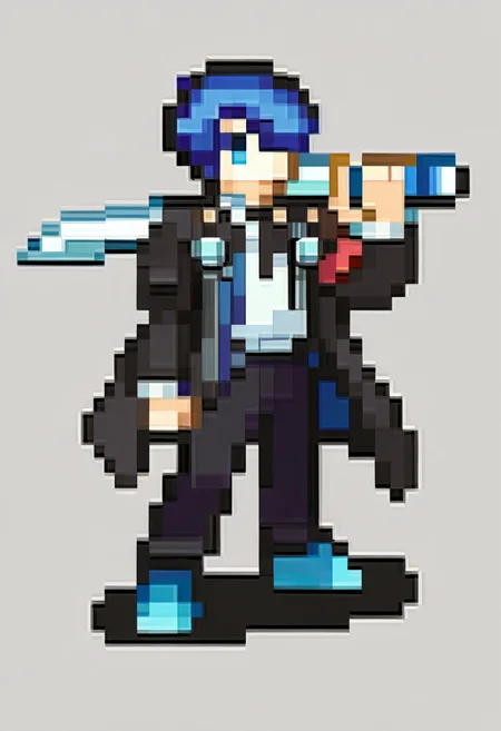 score_9, score_8_up, score_7_up, source_anime, BREAK, solo, 1boy, full body, standing, <lora:FEGBA-SpritesV2-pdxl_Fp:1>, simple background, pixel art, <lora:MakotoP3-pdxl_Fp:0.8>, makotop3, school uniform, gekkoukan high school uniform, headphones, blue hair, blue eyes, short hair, black jacket, black pants, hair over one eye, holding sword, armband,