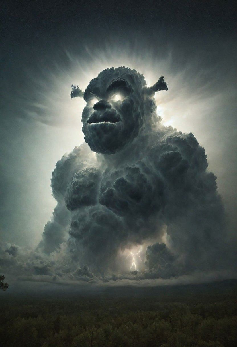 cosmic canvas, cloudy background, a huge green storm cloud in the shape of shrek, pine trees silhouetted in the foreground, lightning, Foggy conditions, Bokeh, Flustered, anaglyph effect, intricate details, National Geographic, martius_storm, scrunge, photo in phst artstyle