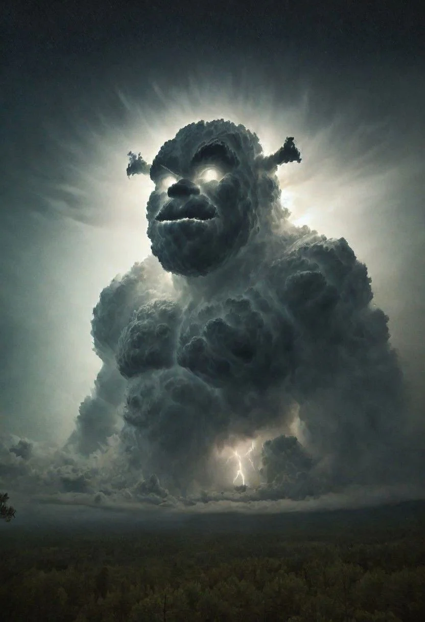 cosmic canvas, cloudy background, a huge green storm cloud in the shape of shrek, pine trees silhouetted in the foreground, lightning, Foggy conditions, Bokeh, Flustered, anaglyph effect, intricate details, National Geographic, martius_storm, scrunge, photo in phst artstyle