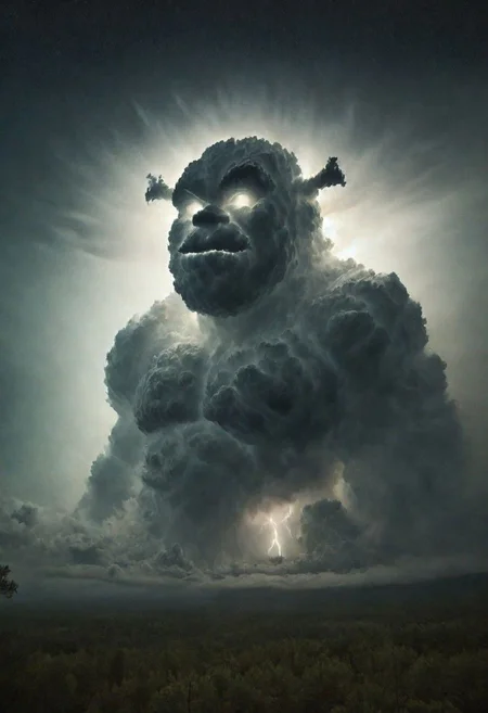 cosmic canvas, cloudy background, a huge green storm cloud in the shape of shrek, pine trees silhouetted in the foreground, lightning, Foggy conditions, Bokeh, Flustered, anaglyph effect, intricate details, National Geographic, martius_storm, scrunge, photo in phst artstyle