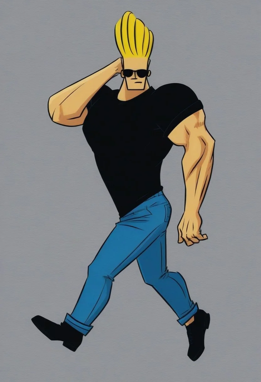 Johnny_Bravo, 1boy, mega-pompadour, blonde hair, muscular male, sunglasses, T-shirt, black shirt, jeans