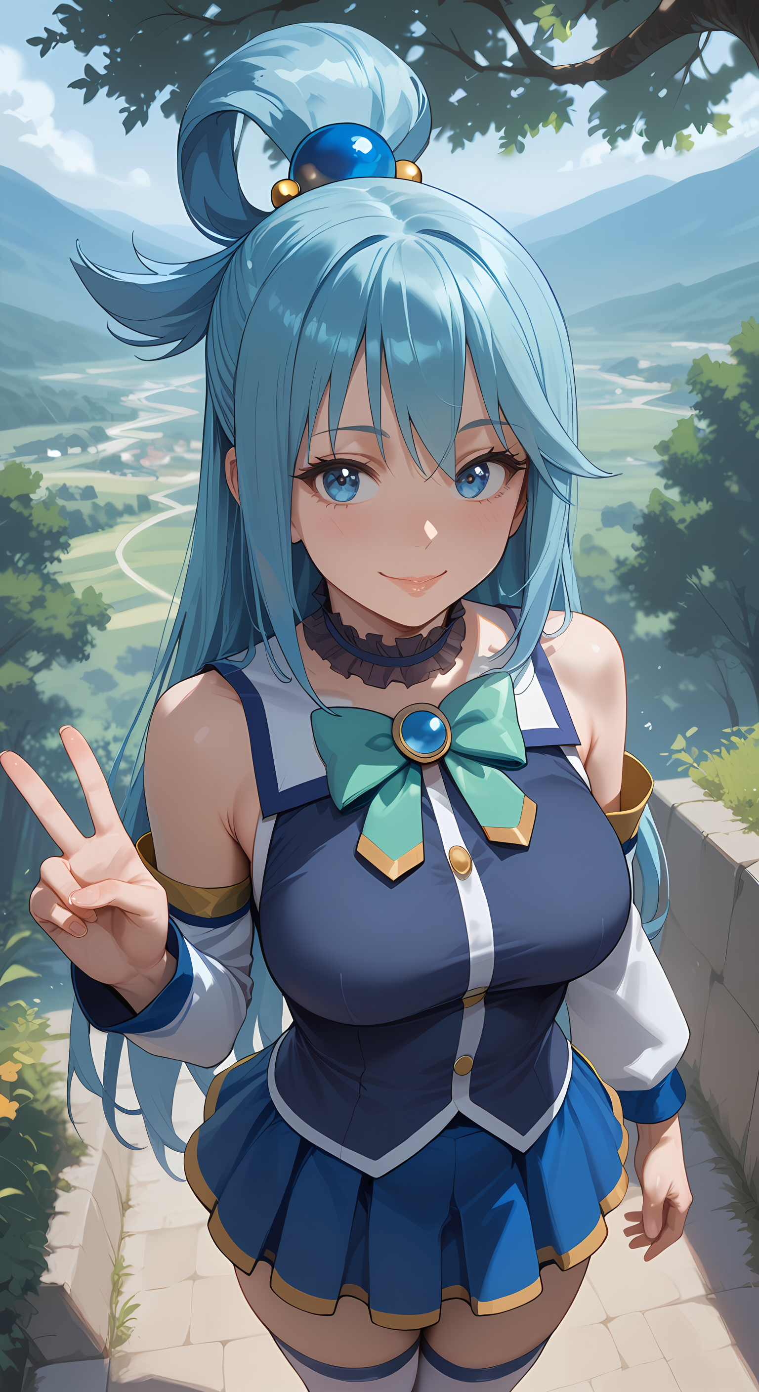score_9, score_8_up, score_7_up, score_6_up, source_anime, absurdres, masterpiece, best quality, 1girl, aqua \(konosuba\), aqua hair, bare shoulders, blue hair, blush, bow, bowtie, breasts, choker, detached sleeves, hair ornament, hair rings, long hair, looking at viewer, large breasts, outdoors, skirt, smile, V, solo, (perspective:1.1), <lora:konosuba_collection_v2:0.7>, from_above, <lora:thiccwithaq-artist-richy-v1_pdxl:0.6>, nature, on a hill,