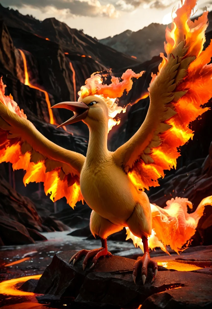 score_9, score_8_up, score_7_up, score_6_up, score_5_up, score_4_up, BREAK, solo, moltres, pokemon (creature), furry, avian, bird, detailed feathers, realistic feathers, orange feathers, beak, wings, flaming wings, realistic fire, red flames, fire, lava volcano background, day, realistic