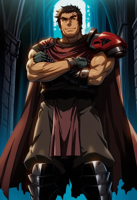 best quality, masterpiece, anime_screencap, hi res, best_quality, very aesthetic, absurdres, 8k, Kva1t, 1boy, male focus,
brown_eyes, black_hair,
scar,
manly,muscular,
thick eyebrows, facial hair, stubble, sideburns,
smile,
standing, crossed arms, armor, cape, shoulder armor, pauldrons, shoulder pads, gauntlets, gloves, greaves, fantasy, beautiful lighting, ray traced, dim lighting, outdoors, battlefield