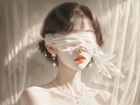 <lora:ThickCloseUP-000020:0.7>,masterpiece,best quality,thick painted style,close-up,female, blindfolded, portrait, ethereal, soft lighting, sheer fabric, serene expression, elegance, bob haircut, pearl earring, necklace, makeup details, rosy lips, Asian features, pastel colors, high image quality, artistic photography, translucent material, light and shadow play, romantic atmosphere