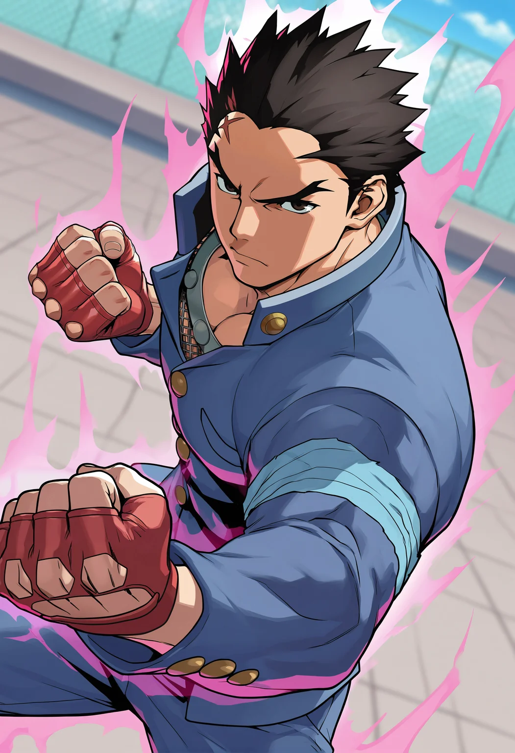 masterpiece, best quality, newest, absurdres, highres, very awa, 1boy, male, male focus, ichimonji batsu, fingerless gloves, red gloves, school uniform, blue jacket, blue pants, fighting stance, looking at viewer, aura, closed fist, muscular male, official art, cowboy shot, dutch angle, blurry background, rooftop